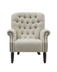 Maurice Natural Linen Blend Hamptons Buttoned Armchair W/Studs Dark Legs, W 83cm D 86cm H 95cm (RRP $1499)
