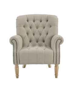 Maurice Natural Linen Blend Buttoned Armchair W/ Studs Oak Legs, W 83cm D 86cm H 95cm (RRP $1199)