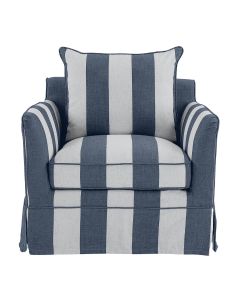 Noosa Hamptons Armchair Denim Cream Stripe, W 91cm D 90cm H 80cm (RRP $1699)