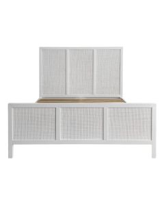 Santorini Hamptons Timber & Rattan Queen Bed White, W 162cm D 215cm H 130cm (RRP $2199)