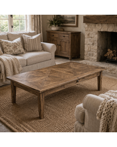 "Villa" Hamptons Style Parquetry Coffee Table Recycled Elm, 135cm x 60cm x 42cmH (RRP $1199)
