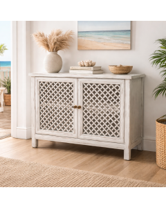 "St Barts" Hamptons Style 2 Door Cabinet Recycled Elm with Lattice Doors White, 120cm x 45cm x 90cmH (RRP $1999)