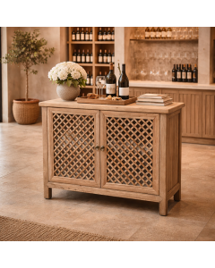 "St Barts" Hamptons Style 2 Door Cabinet Recycled Elm with Lattice Doors Natural, 120cm x 45cm x 90cmH (RRP $1999)
