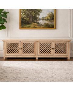 "St Barts" Hamptons Style 4 Door TV Unit Recycled Elm with Lattice Doors Natural, 200cm x 40cm x 58cmH (RRP $2999)