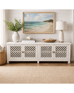 "St Barts" Hamptons Style 4 Door TV Unit Recycled Elm with Lattice Doors White, 200cm x 40cm x 58cmH (RRP $2999)