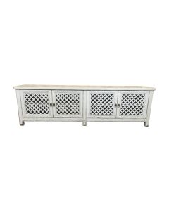 "St Barts" Hamptons Style 4 Door TV Unit Recycled Elm with Lattice Doors White, 200cm x 40cm x 58cmH (RRP $2499)