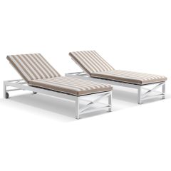 "Montego Bay" Hamptons Style Aluminium Set of 2 Sun Lounges in White with Sunbrella Beige & White Stripes with wheels (RRP $3999)