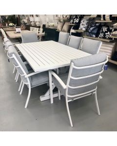 "Santorini" Resort Style Outdoor Package with Aluminium Dining Table in White 220x110cm & 8 High Back Dining Chairs (RRP $3999)