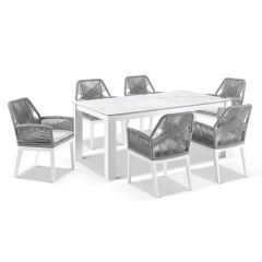 "Hawaii" Hamptons Style Ceramic Aluminium 1.8m Dining Table with 6 Oahu Grey Rope Chairs, White