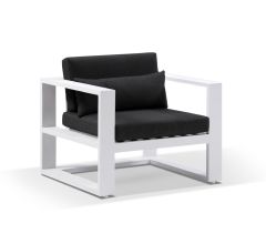"Hawaii" Hamptons Style Outdoor Aluminium 1 Seater Armchair in White with Denim Grey Cushions