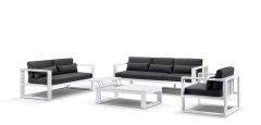 "Hawaii" Hamptons Style Outdoor Setting with 3, 2 & 1 Seater Lounges & Coffee Table in White with Denim Grey Cushions