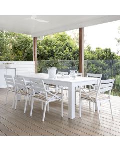 "Hawaii" Hamptons Style Aluminium 2.5m Dining Table with 8 Montego Bay Chairs, White with Sunbrella Beige & White Stripe Cushions