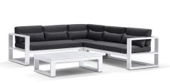 "Hawaii" Hamptons Style Outdoor Modular Lounge Setting with Coffee Table in White with Denim Cushions