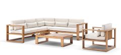 "Hawaii" Hamptons Style Aluminium Outdoor Modular Lounge Setting with Coffee Table & 1 Seater in Teak with Cream Cushions