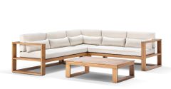 "Hawaii" Hamptons Style Aluminium Outdoor Modular Lounge Setting with Coffee Table in Teak Look with Cream Cushions