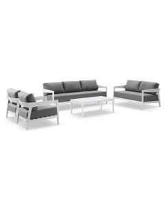 Clontarf 3+2+1+1 Outdoor Aluminium Lounge Setting & Coffee Table, White with Sunbrella Cast Slate Cushions