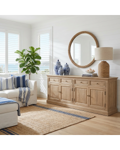 "Maine" Hamptons Style 4 Door 4 Drawer Buffet Sideboard Weathered Oak, 200cmW x 43cmD x 80cmH (RRP $3499)