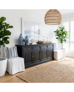 "Maine" Hamptons Style 4 Door 4 Drawer Buffet Sideboard Black, 200cmW x 43cmD x 80cmH (RRP $3499)