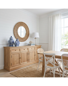 "Maine" Hamptons Style 4 Door 4 Drawer Buffet Sideboard Natural Oak, 200cmW x 43cmD x 80cmH (RRP $3499)