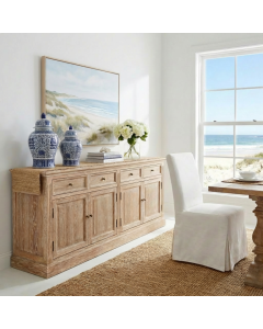"Maine" Hamptons Style 4 Door 4 Drawer Buffet Sideboard Whitewashed Oak, 200cmW x 43cmD x 80cmH (RRP $3499)