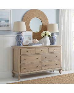 "Adele" Hamptons Style Solid Oak Timber 7 Drawer Chest, Weathered Oak 140cmW x 47cmD x 85cmH (RRP $2799)