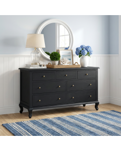 "Adele" Hamptons Style Solid Oak Timber 7 Drawer Chest, Black Oak 140cmW x 47cmD x 85cmH (RRP $2799)