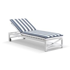 "Montego Bay" Hamptons Style Aluminium Sun Lounge in White with Navy & White Cushions with wheels