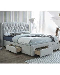 "Amelia" Hamptons Style Buttoned Back Upholstered Fabric Bed Frame 4 Storage Drawers Queen Size, Stone (RRP $1999)