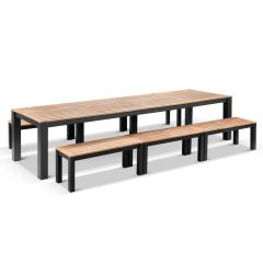 "Newport" Hamptons Style Outdoor Charcoal Aluminium Teak Top Dining Table with Bench Seats, 355cm x 102cm