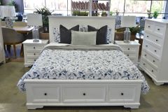 "Emily" Hamptons Style Timber King Bed 4 Piece Tallboy & Bedsides Package White with Storage Drawers (RRP $3999)