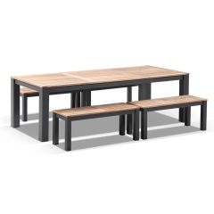 "Newport" Hamptons Style Outdoor Charcoal Aluminium Teak Top Dining Table with Bench Seats, 250cm x 102cm