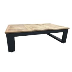 "Newport" Hamptons Style Outdoor Charcoal Aluminium Teak Top Coffee Table, L120cm x W70cm x H43cm