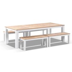 "Newport" Hamptons Style Outdoor White Aluminium Teak Top Dining Table with Bench Seats, 250cm x 102cm