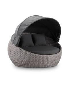 "Cancun" Hamptons Style Outdoor Wicker Round Daybed with Canopy in Brushed Grey with Sunbrella Cushions, 160cm Diameter
