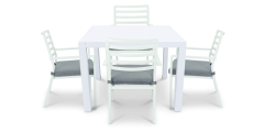 "Marina" Hamptons Style Outdoor 5 Piece Square Dining Setting in Arctic White with Platinum Olefin Cushions