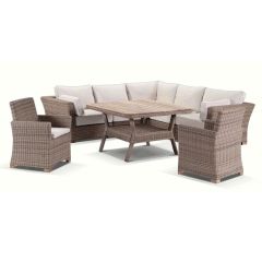"Coral" Hamptons Style Outdoor Wicker Corner Modular Lounge Setting with Dining Table & 2 Armchairs, Wheat with Cream Cushions