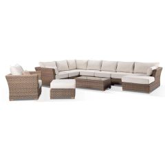 "Coco" Resort Style Outdoor Wicker Huge Corner Modular Lounge Setting with Chaise & Coffee Table, Wheat with Cream Cushions (RRP $8499)