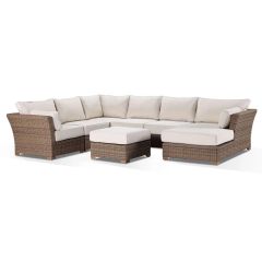 "Coral" Hamptons Style Outdoor Wicker  Corner Modular Lounge Setting with Chaise & Coffee Table, Wheat with Cream Cushions