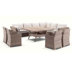 "Coral" Hamptons Style Outdoor Wicker Corner Modular Lounge Setting with Dining Table & 4 Armchairs, Wheat with Cream Cushions