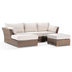 "Coral" Hamptons Style Outdoor Wicker Lounge Setting with Chaise, Wheat with Cream Cushions