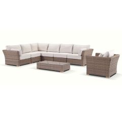 "Coral" Hamptons Style Outdoor Wicker Corner Modular Lounge Setting with Armchair & Coffee Table, Wheat with Cream Cushions