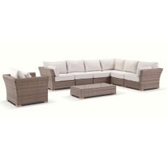 "Coco" Hamptons Style Outdoor Wicker Corner Modular Lounge Setting with Armchair & Coffee Table, Wheat with Cream Cushions (RRP $6999)