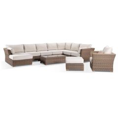 "Coral" Hamptons Style Outdoor Wicker Huge Corner Modular Lounge Setting with Chaise & Coffee Table, Wheat with Cream Cushions