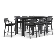 "Hawaii" Hamptons Style Outdoor Aluminium 2m Bar Table with 8 Bar Stools, Charcoal