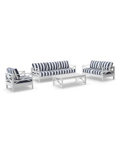 "Montego Bay" Hamptons Style Outdoor Aluminium 4 Piece 3+2+1 Seater Lounge Setting, White with Olefin Navy & White Stripe Cushions (RRP $4999)