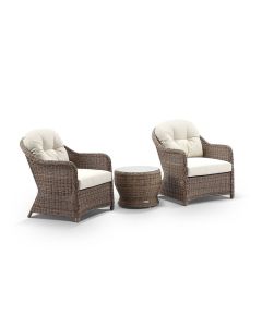 "Seychelles" Hamptons Style Outdoor Wicker Patio Set 2 x Armchairs & Side Table, Brushed Wheat (RRP $2299)