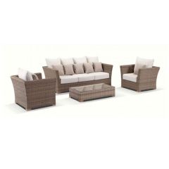"Coral" Hamptons Style Outdoor Wicker 3 Seater Sofa Lounge Setting with 2 x Armchairs & Coffee Table, Wheat with Cream Cushions