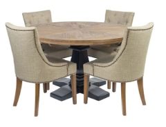 "Tuscany" Hardwood Timber 135cm Round Dining Table + 4 Madison Linen Chairs in Linen or Black (RRP $3499)
