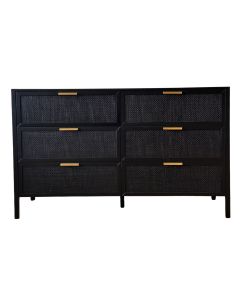 Santorini Dresser 6 Drawer Black Timber & Rattan, W 140cm D 45cm H 85cm (RRP $1999)