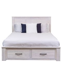 "Avalon" Hamptons Style Coastal Timber Queen Bed with Storage at Footboard, Whitewash (RRP $1999)